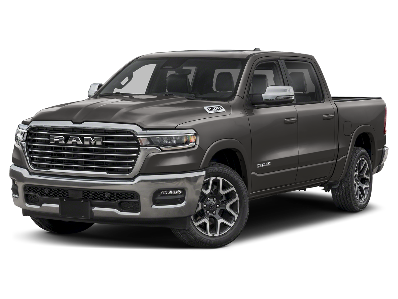 2026 RAM Ram 1500 RAM 1500 LARAMIE CREW CAB 4X4 5'7' BOX in Granite Crystal Metallic Clear-Coat Exterior Paint — front three-quarter view