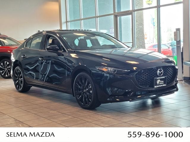 2026 Mazda Mazda3 Sedan 2.5 Turbo Premium Plus AWD in Jet Black Mica — front three-quarter view