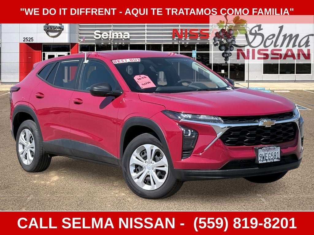 2026 Chevrolet Trax LS in Red — front three-quarter view